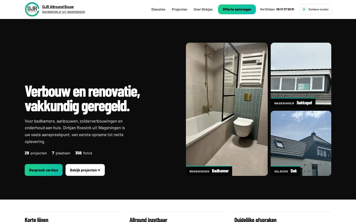 De homepage van DJR Allround Bouw op een laptop: de kop ‘Verbouw en renovatie, vakkundig geregeld.’ naast foto’s van een badkamer, een dakkapel en een dak