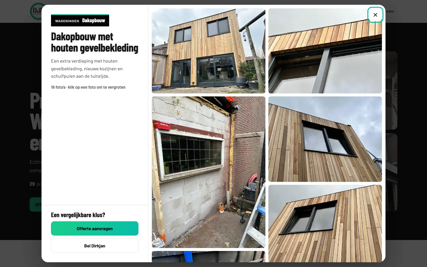 Een geopend project op de website van DJR Allround Bouw: dakopbouw met houten gevelbekleding, met een raster van foto’s en knoppen om een offerte aan te vragen
