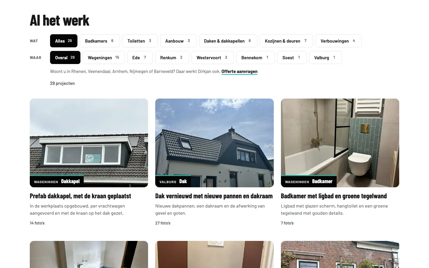 De projectenpagina van DJR Allround Bouw met filters op soort werk en plaats en daaronder een rij projecten met foto’s