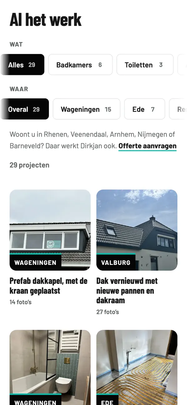 De projectenpagina op een telefoon, met de filters in een horizontaal scrollbare rij