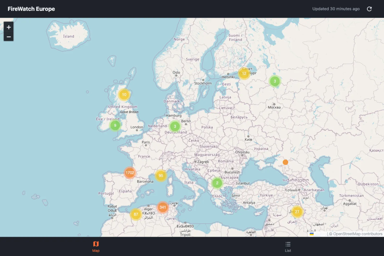 De kaart van FireWatch Europe met clusters van satellietdetecties boven Europa