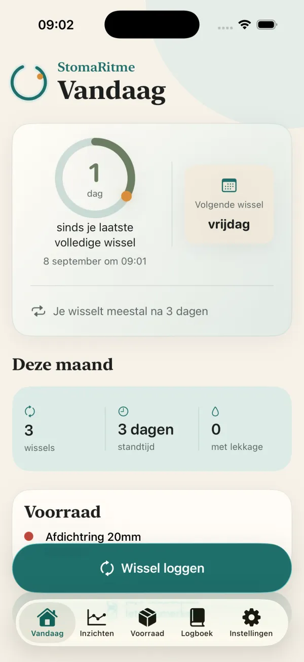Het Vandaag-scherm van StomaRitme: één dag sinds de laatste wissel en een knop om een wissel te loggen